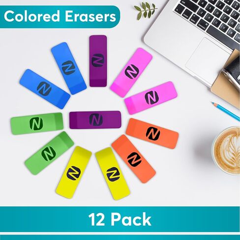 Noverbee- Erasers, Erasers for Kids, Eraser Neon Colors, 12 Pack, Erasers bulk, Erasers for pencils, art and Office Use. in Kuwait
