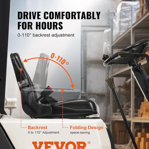 VEVOR Universal Forklift Seat, Fold Down Tractor Seat with Adjustable Angle Back, Micro Switch and Retractable Seatbelt, 6.3-13.4 inch Slot Forklift Seat for Tractor Loader Excavator in Saudi Arabia