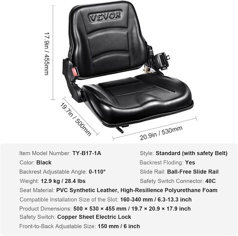 VEVOR Universal Forklift Seat, Fold Down Tractor Seat with Adjustable Angle Back, Micro Switch and Retractable Seatbelt, 6.3-13.4 inch Slot Forklift Seat for Tractor Loader Excavator in Saudi Arabia