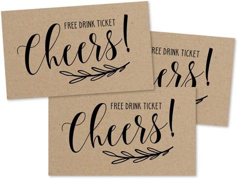 50 Kraft Rustic Drink Ticket Coupons for a Free Drink at Weddings, Work Events or Party Bar, One Free Beer Wine Alcohol Soft Drink or Food Vouchers, Cheers Large Drinking Paper Raffle Cards in Saudi Arabia