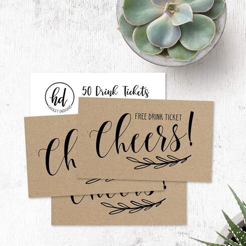 50 Kraft Rustic Drink Ticket Coupons for a Free Drink at Weddings, Work Events or Party Bar, One Free Beer Wine Alcohol Soft Drink or Food Vouchers, Cheers Large Drinking Paper Raffle Cards in Saudi Arabia