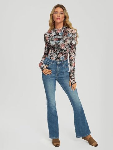 Dealmore Floral Mesh Mockneck Tops Trendy Going Out Tops fot Women with Thumb Hole Fashion Fall Outfits 2024 in Saudi Arabia