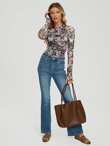 Dealmore Floral Mesh Mockneck Tops Trendy Going Out Tops fot Women with Thumb Hole Fashion Fall Outfits 2024 in Saudi Arabia