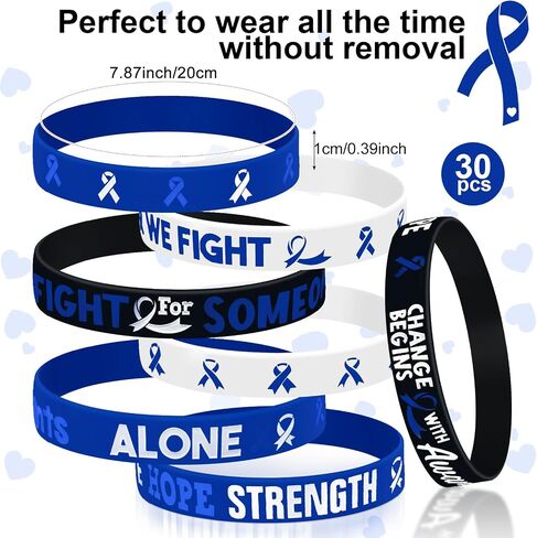 30 Pcs Cancer Prevention Awareness Silicone Bracelets,Colorful Ribbon Stretch Wristbands,Hope Faith Rubber Wristband Supplies Accessories for Ribbon Awareness Assorted Cancer Awareness and Prevention (Blue) in Saudi Arabia