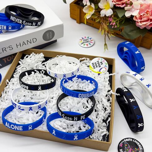 30 Pcs Cancer Prevention Awareness Silicone Bracelets,Colorful Ribbon Stretch Wristbands,Hope Faith Rubber Wristband Supplies Accessories for Ribbon Awareness Assorted Cancer Awareness and Prevention (Blue) in Saudi Arabia