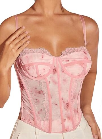 SHENHE Women's Lace Bustier Corset Top Sexy Floral Backless Going Out Tops Mesh Crop Top Camisole in Saudi Arabia
