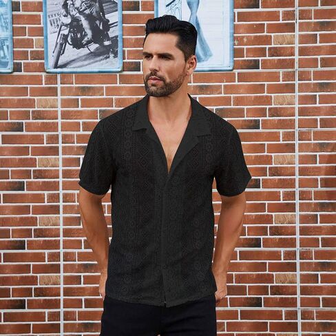 ABAFIP Men's Floral Lace Shirt Casual Short Sleeve Sheer Beach Shirt Cuban Hollow Mesh Tee Knit Rave Tops in Kuwait