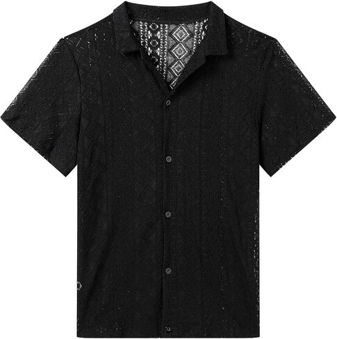 ABAFIP Men's Floral Lace Shirt Casual Short Sleeve Sheer Beach Shirt Cuban Hollow Mesh Tee Knit Rave Tops in Kuwait