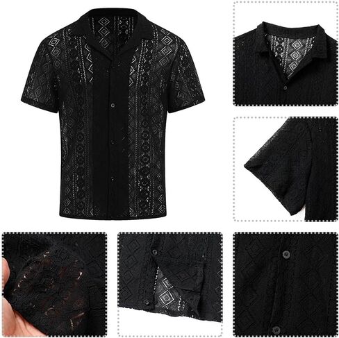ABAFIP Men's Floral Lace Shirt Casual Short Sleeve Sheer Beach Shirt Cuban Hollow Mesh Tee Knit Rave Tops in Kuwait