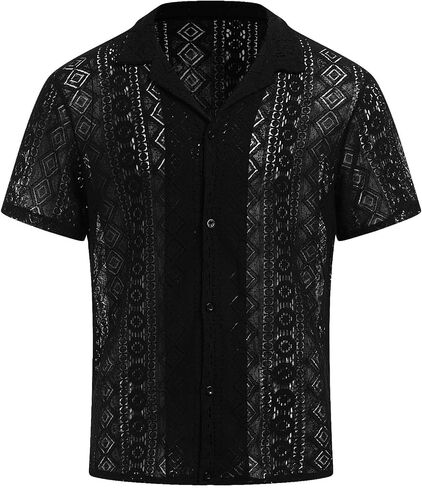 ABAFIP Men's Floral Lace Shirt Casual Short Sleeve Sheer Beach Shirt Cuban Hollow Mesh Tee Knit Rave Tops in Kuwait
