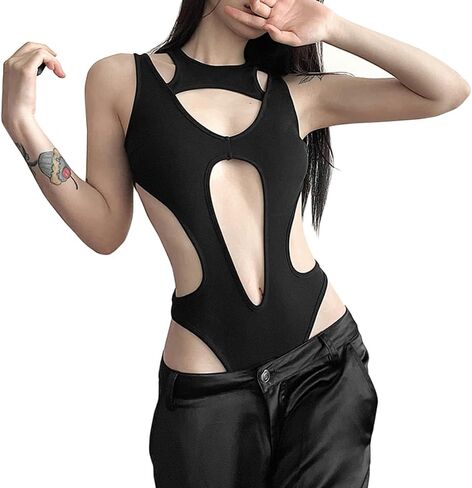 SINROYEE Sexy Hollow Out Women Bodysuit Summer Streetwear Outfit Gothic Jumpsuit T Shirt Short Sleeve Sleeveless in Saudi Arabia
