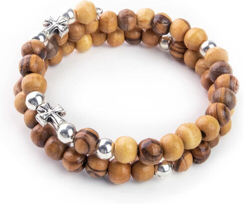 Rosary Bracelet For Women From the Holy Land - Twist Stretch Olive Wood Beaded Bracelets with Cross Dangle - Christian 4 Decade Wooden Rosary Prayer Bracelet For Women & Girls - Catholic Gifts in Kuwait
