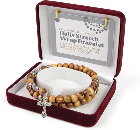 Rosary Bracelet For Women From the Holy Land - Twist Stretch Olive Wood Beaded Bracelets with Cross Dangle - Christian 4 Decade Wooden Rosary Prayer Bracelet For Women & Girls - Catholic Gifts in Kuwait
