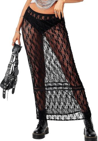 Cicy Bell Womens Sheer Lace Maxi Skirt Summer Beach Cover-ups Casual Streetwear Long Y2K Skirts in Saudi Arabia