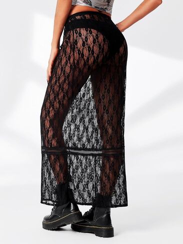 Cicy Bell Womens Sheer Lace Maxi Skirt Summer Beach Cover-ups Casual Streetwear Long Y2K Skirts in Saudi Arabia