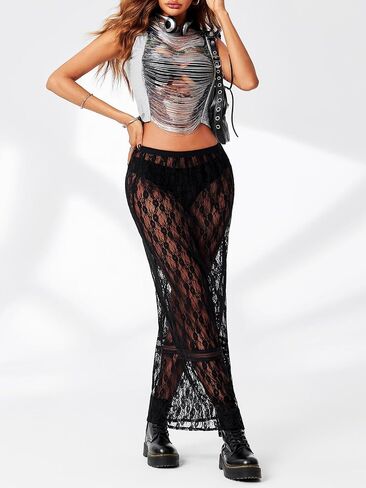 Cicy Bell Womens Sheer Lace Maxi Skirt Summer Beach Cover-ups Casual Streetwear Long Y2K Skirts in Saudi Arabia