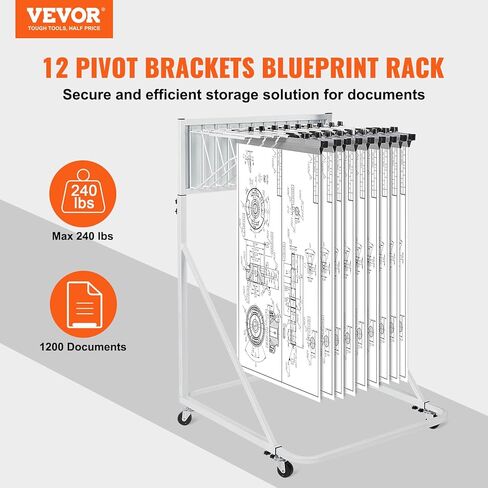 رف تخزين VEVOR Mobile Blueprint، حامل خطة مع 12 قوسًا محوريًا، حامل مخطط متنقل ارتفاع وطول قابل للتعديل، رف عرض الملصقات للمكتب والمنزل (رف فقط بدون مشابك) in Saudi Arabia