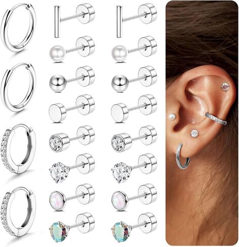 Jstyle Hypoallergenic Earrings for Sensitive Ears-20G Flat Back Earrings for Women Men-Small Surgical Steel Stud Earrings Huggie Hoop Cartilage Nap Earring Sets in Saudi Arabia