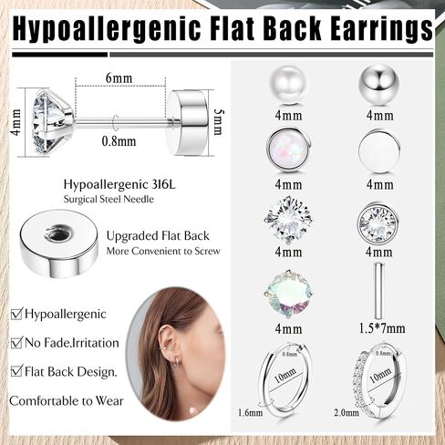 Jstyle Hypoallergenic Earrings for Sensitive Ears-20G Flat Back Earrings for Women Men-Small Surgical Steel Stud Earrings Huggie Hoop Cartilage Nap Earring Sets in Saudi Arabia