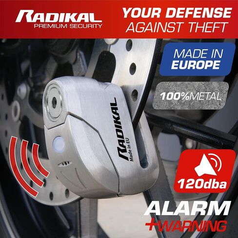 إنذار قفل قرص RADIKAL RK9Z 120 ديسيبل، زر تشغيل، وظيفة تحذير، بطارية طويلة الأمد، مقاومة للماء بنسبة 100%، معدن، قفل فرامل عجلة عالمي مضاد للسرقة للدراجات النارية، سكوتر، دراجة، سكوتر كهربائي in Kuwait