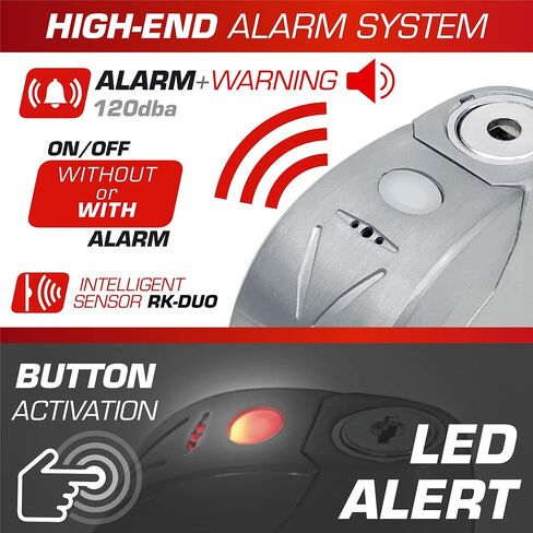 إنذار قفل قرص RADIKAL RK9Z 120 ديسيبل، زر تشغيل، وظيفة تحذير، بطارية طويلة الأمد، مقاومة للماء بنسبة 100%، معدن، قفل فرامل عجلة عالمي مضاد للسرقة للدراجات النارية، سكوتر، دراجة، سكوتر كهربائي in Kuwait