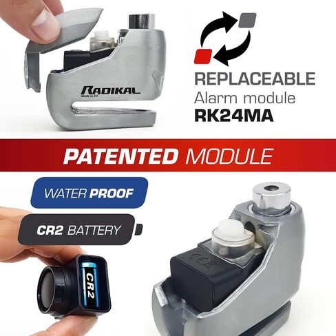 إنذار قفل قرص RADIKAL RK9Z 120 ديسيبل، زر تشغيل، وظيفة تحذير، بطارية طويلة الأمد، مقاومة للماء بنسبة 100%، معدن، قفل فرامل عجلة عالمي مضاد للسرقة للدراجات النارية، سكوتر، دراجة، سكوتر كهربائي in Kuwait