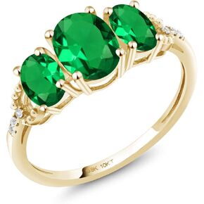 Gem Stone King 10K Yellow Gold Green Simulated Emerald and Diamond Accent 3-Stone Engagement Ring | 1.42 Cttw | Oval 7X5MM & 6X4MM | 3 Stone Wedding Anniversary Gold Ring For Women