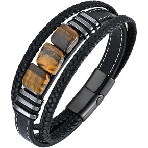 STARCHENIE Multi Strand Bracelet for Men Square Authentic Tiger Eye Black Braided Leather Mens Bracelet and Stainless Steel Buckle in Saudi Arabia