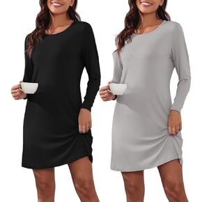 Ekouaer 2 Pack Nightgowns for Women Long Sleeve Night Gowns Tshirt Sleep Shirts Night Shirts Night Dress S-3XL