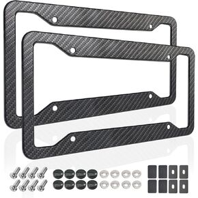 Carbon Fiber License Plate Frames- 2 Pack Black Aluminum Front & Rear Auto Car Tag Holder, Heavy Duty Bracket with Mount Hardware, Screws Caps, Rattle Proof Pads (Carbon pattern