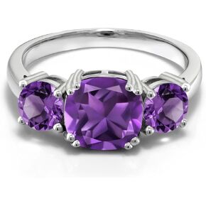 Gem Stone King 925 Sterling Silver Purple Amethyst 3 Stone Engagement Ring For Women (3.00 Cttw, Gemstone February Birthstone, Cushion 8MM, Available in Size 5,6,7,8,9)