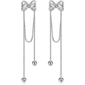 Kokoma Bow Knot Ball Dangle Earrings for Women Girls 925 Sterling Silver CZ Crystal Ribbon Butterfly Tie Threader Tassel Chain Drop Stud Earrings Xmas Jewelry