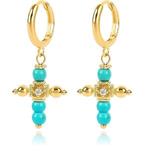 Bohemian Turquoise Beaded Cross Earrings for Women 14K Gold Plated Dangle Cross Huggie Hoop Earrings Drop Faith Cross Charm Stone Beads Statement Earrings Boho Trendy Religious Jewelry Gifts for Girls