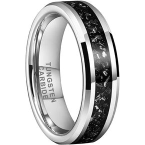 6mm 8mm Silver/Black Tungsten Rings for Men Women Meteorite Shavings Inlay Promise Engagement Wedding Bands Beveled Edges Polished Shiny Comfort Fit