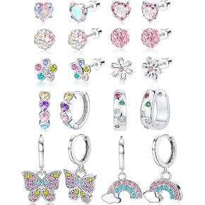 10Pairs Hypoallergenic Earrings for Women Surgical Steel Screw Back Stud Earrings Cute Huggie Dangling Colorful CZ Small Hoop Earrings for Sensitive Ears