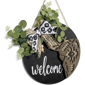 Putuo Decor Western Aztec Welcome Door Sign 12-Inch Round Wooden Wreath for Front Door, Ideal for Outdoor Wall Hanging, Farmhouse, Porch, Suitable for All Seasons, Perfect Housewarming Gift (Cactus)
