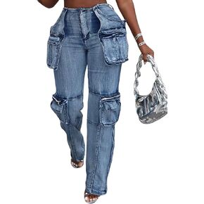 SHINFY Womens Cargo Jeans High Waisted Loose Wide Leg Y2K Baggy Denim Cargo Pants with Flap Pockets