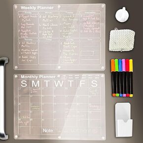 'Acrylic Magnetic Calendar for Fridge - 2 Set of 12''x16'' Monthly and Weekly Calendar with Magnetic Pen Holder 6 Colourful Pens Magnetic Hook and Towel