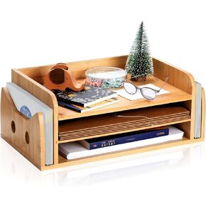 ZOOFOX Wood Desk Organizer, 5-Tray Paper Letter Tray Organizer with File Holder, Cute Cat-shaped Desktop File Organizer for Home, Office, School