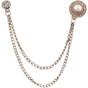 Retro Gold Plated Chain Crystal Round Brooches Collar Pins Rhinestone Pearl With Hanging Chain Suit Shirt Lapel Brooch Pin Fashion Jewelry for Men Boy
