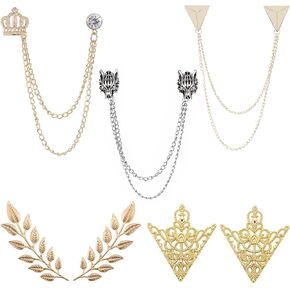 Wolf Head Long Collar Chain Brooch Crown with Hanging Chain Brooch Coat Suit Collar Accessories Brooch for Men 7 pcs