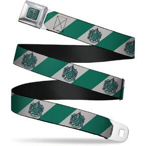 Buckle-Down Seatbelt Belt - SLYTHERIN Crest Diagonal Stripe Gray/Green - 1.0" Wide - 20-36 Inches in Length