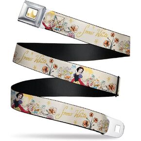 Disney Belt, Seatbelt Buckle Belt, Snow White and Seven Dwarfs with Script and Flowers Yellows, Adjustable