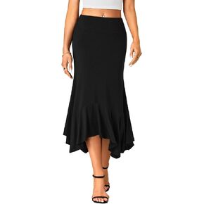 Women's Stretchy High Waist Ruffle Asymmetrical Hem Flowy Midi Skirt