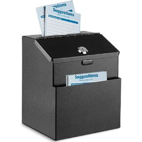 Flexzion Suggestion Box with Lock Wall Mounted Multi-Purpose Donation Ballot Charity Mailbox Idea Forms Collection Key Drop Box w/ 25 Feedback Cards, Expansion Bolts & Keys (Black)