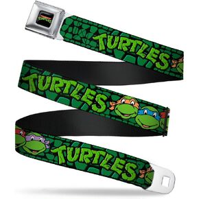 Nickelodeon Belt, Seatbelt Buckle Belt, TMNT Ninja Turtles Group Faces Turtle Shell Black Green, Adjustable