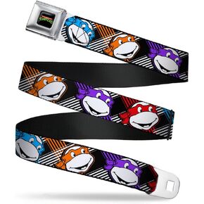 Buckle-Down Seatbelt Belt - Classic TMNT Masked Faces/Stripes Black/White/Multi Color - 1.0" Wide - 20-36 Inches in Length