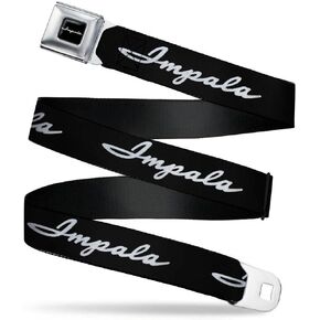 Buckle-Down Men's Seatbelt Belt Impala Regular, Script Emblem Black/Silver, 1.5" Wide-24-38 Inches