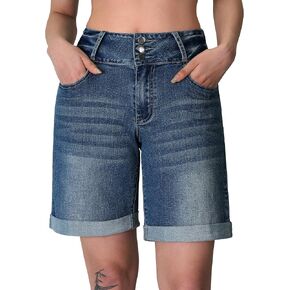 roswear Women's High Waisted Wide Leg Jean Shorts Baggy Stretchy Long Shorts Casual Summer Rolled Hem Denim Shorts