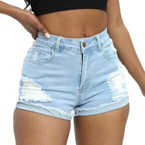 Women Mid Rise Stretchy Denim Shorts Ripped Hem Folded Frayed Distressed Short Jeans